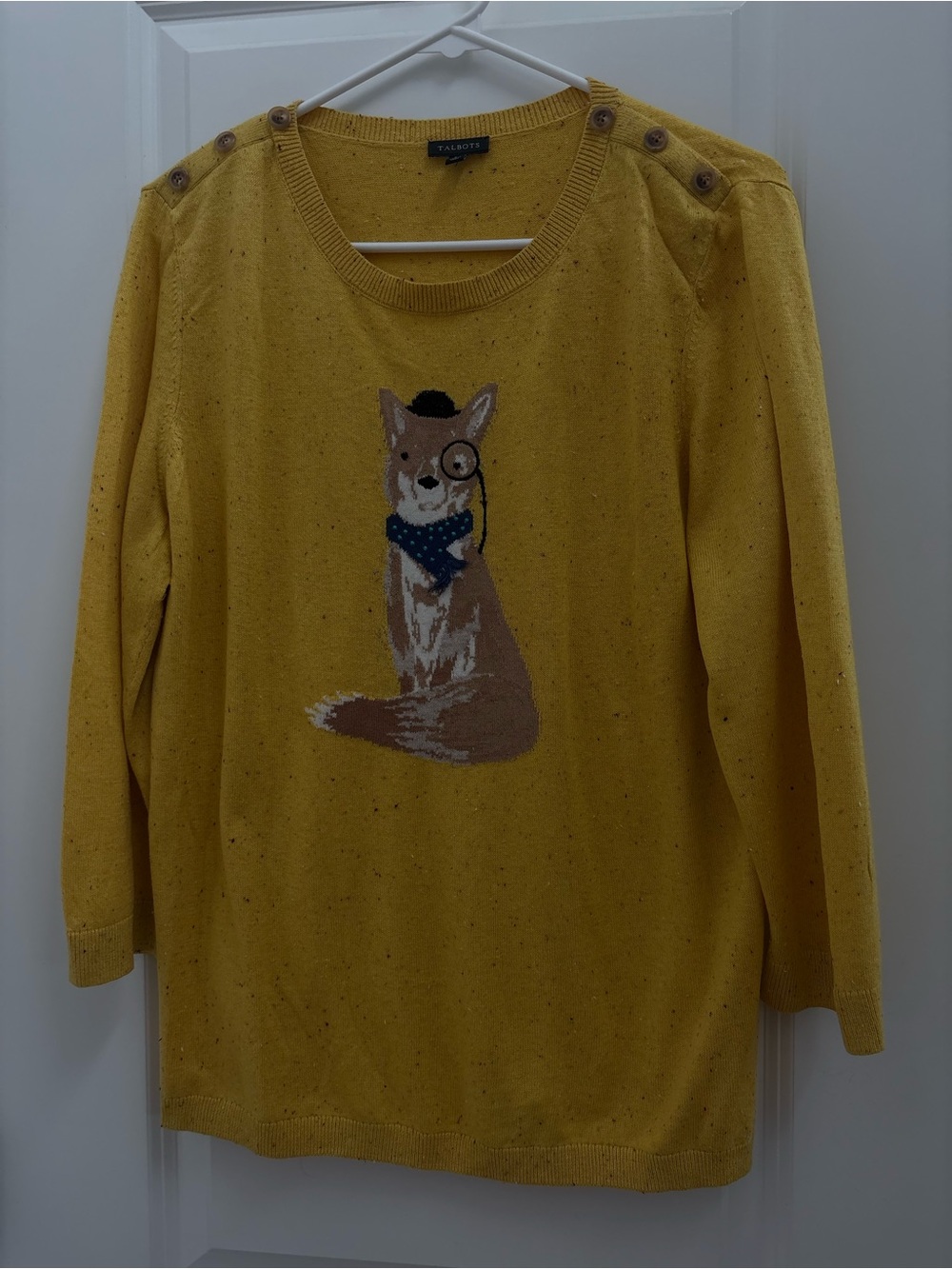 Talbots Yellow Fox Intarsia Button-Shoulder Sweater